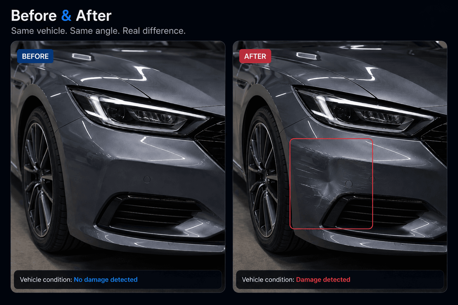 Before and after vehicle condition comparison with damage detection box